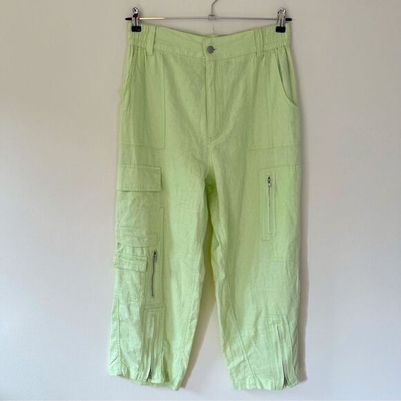 Urban Outfitters Linen Blend Myla High Rise Straight Leg Cargo Pants Lime Green - Picture 2 of 14